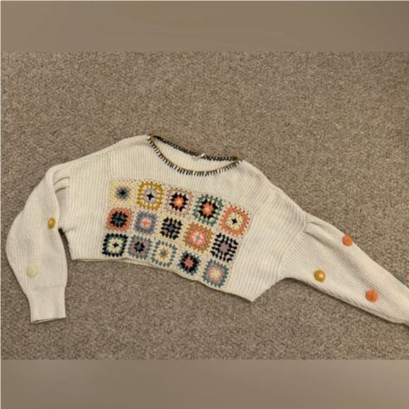 Free People Dahlia Floral Crochet Sweater Oversized Cropped size S - Picture 7 of 11